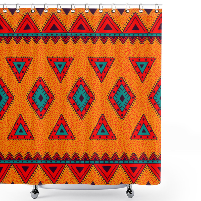 Personality  Seamless African Pattern. Ethnic And Tribal Motifs. Ornament In The Style Of Polka Dot. Red, Orange, Violet And Blue Colors. Hand-drawn Textile Print. Shower Curtains