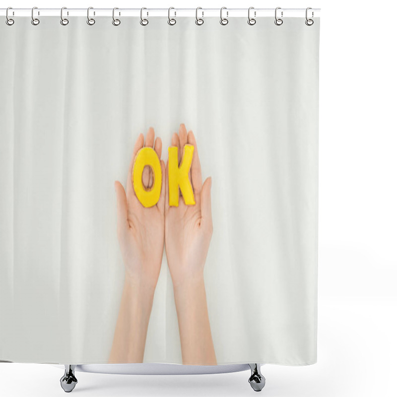 Personality  Cropped Person Holding Ok Word In Cookies Isolated On White Background Shower Curtains