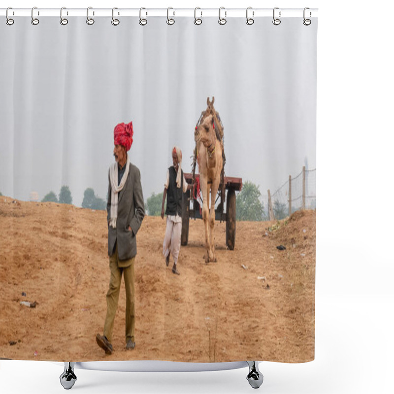 Personality  PUSHKAR, RAJASTHAN / INDIA - NOVEMBER 2019 : Portrait Of Camel Trader/indian Man With Ethnic Rajasthani Dress And Colorful Turban (Pagdi)  With Camels On Pushkar Camel Fair Ground Shower Curtains