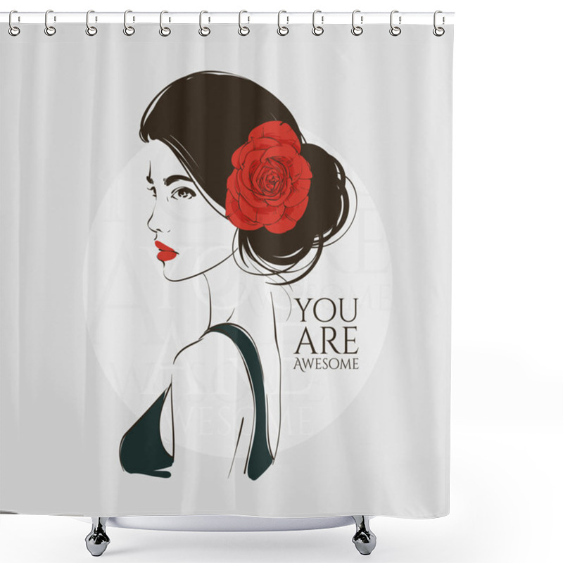 Personality  Portrait Of Young Beautiful Woman With Red Rose In Hair. Vector Hand Drawn Illustration. Shower Curtains