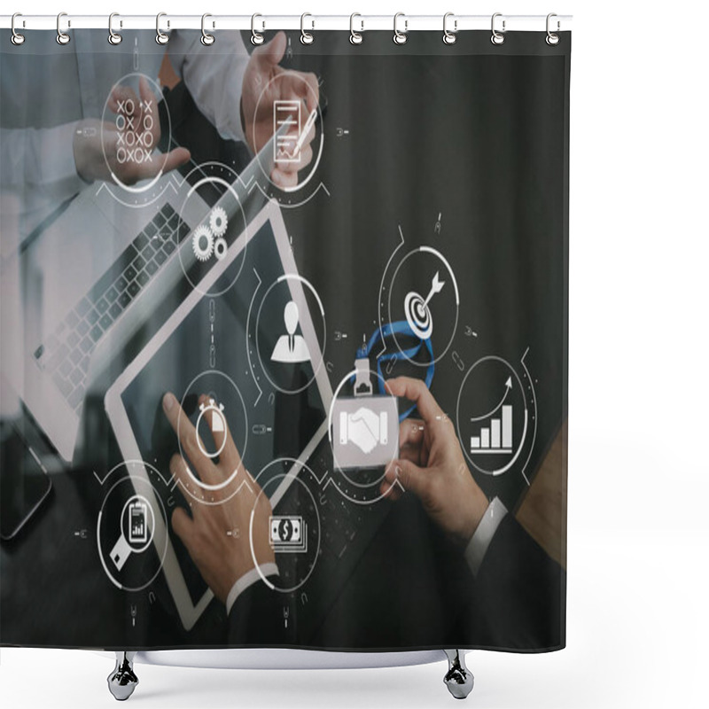 Personality  Business Process Management With Workflow Automation Diagram And Gears In Virtual Flowchart.co Working Team Meeting Concept,businessman Using Smart Phone And Digital Tablet And Laptop Computer And Name Tag. Shower Curtains