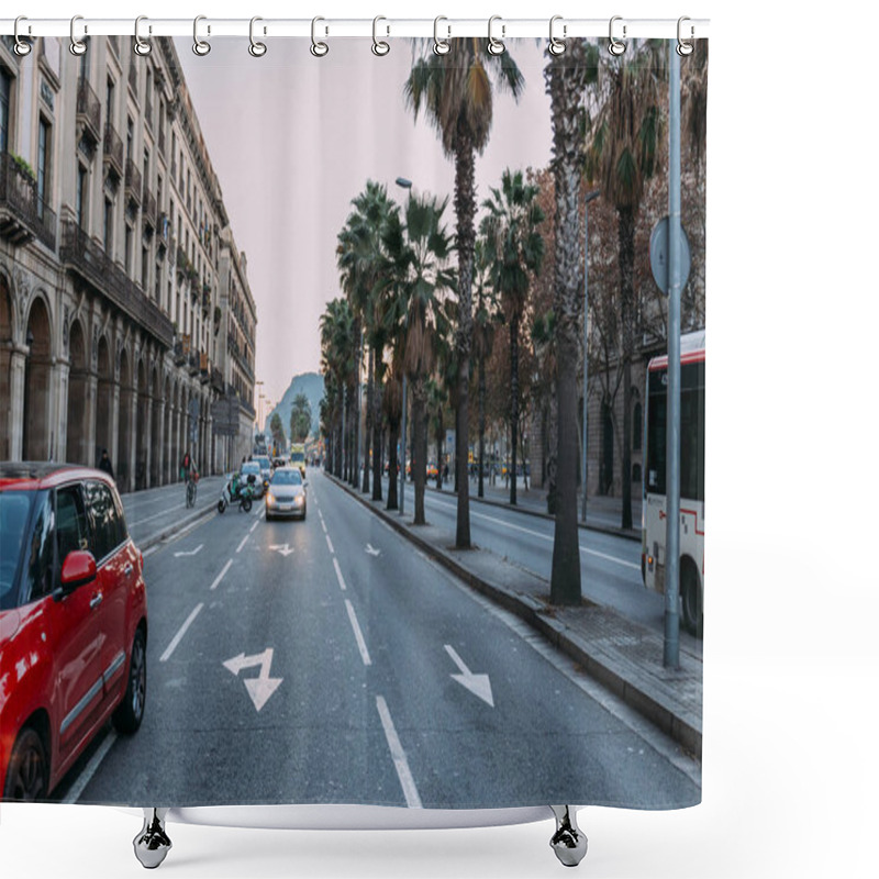 Personality  BARCELONA, SPAIN - DECEMBER 28, 2018: Busy Street With Buildings, Palm Trees, And Cars Moving On Roadway  Shower Curtains