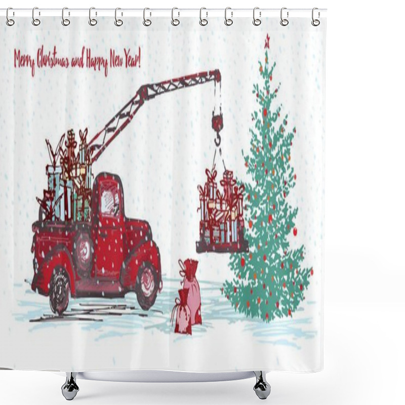 Personality  Festive New Year 2018 Card. Red Truck Crane With Fir Tree Decorated Red Balls And Christmas Gifts Isolated On White Snowy Background Shower Curtains