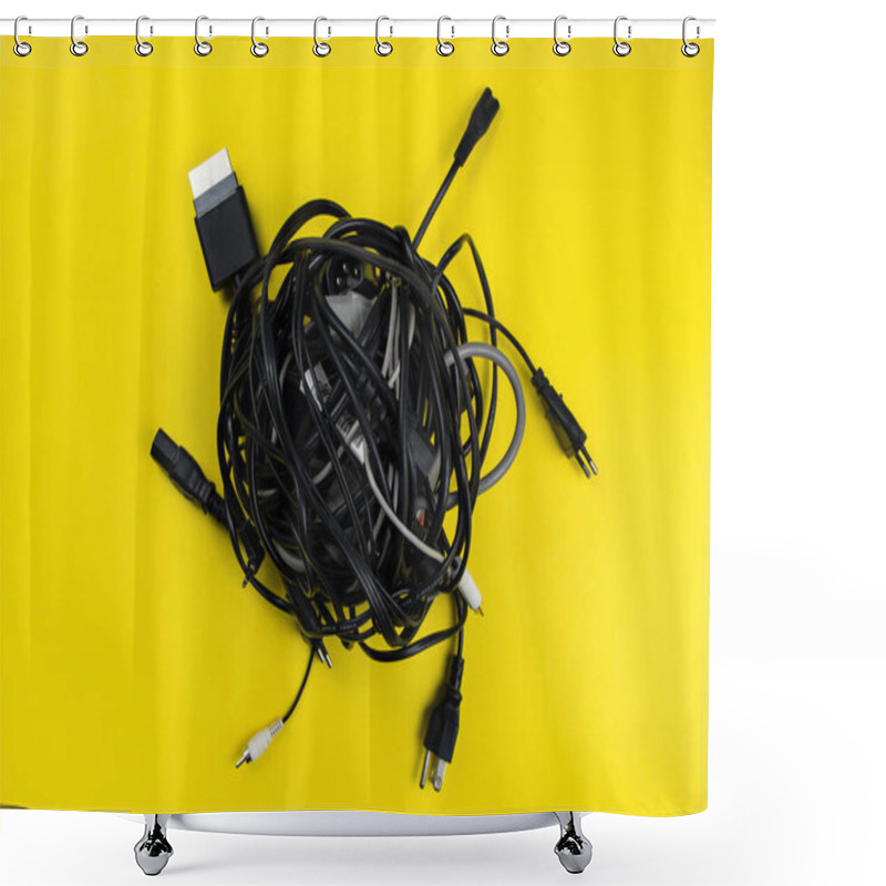 Personality  Tangled Roll Of Computer Wires Over Yellow Background Shower Curtains