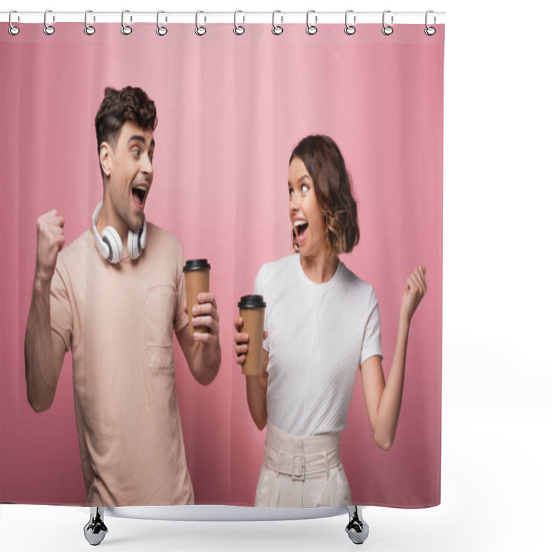 Personality  Happy Man And Woman Showing Yes Gestures While Holding Paper Cups And Looking At Each Other On Pink Background Shower Curtains