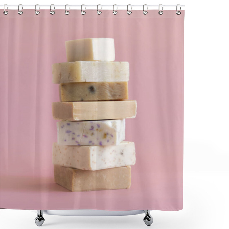 Personality  Tower Stack Of Beige Handmade Soap Bars On Light Pink Close Up. Natural Herbal Products For Spa And Skin Care Shower Curtains