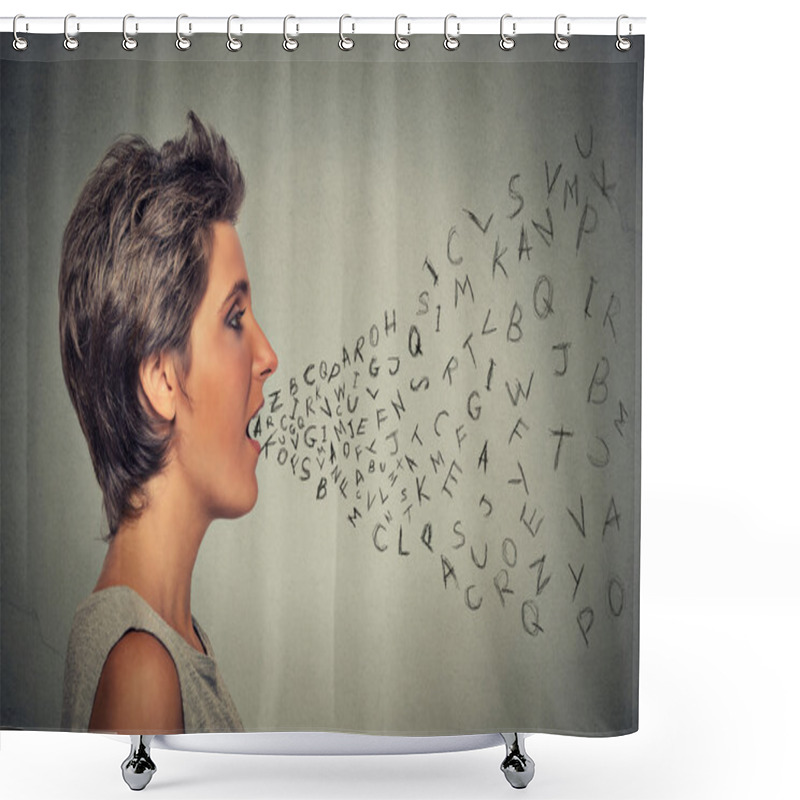 Personality  Woman Talking With Alphabet Letters Coming Out Of Her Mouth Shower Curtains