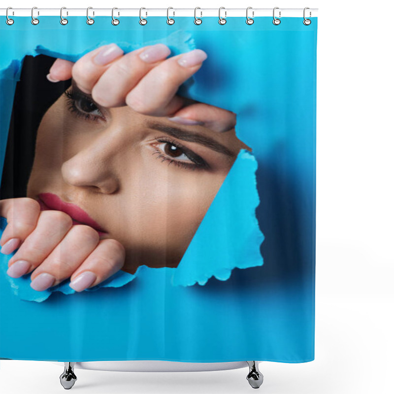 Personality  Woman With Smoky Eyes Looking Across Hole And Touching Blue Paper On Black Shower Curtains