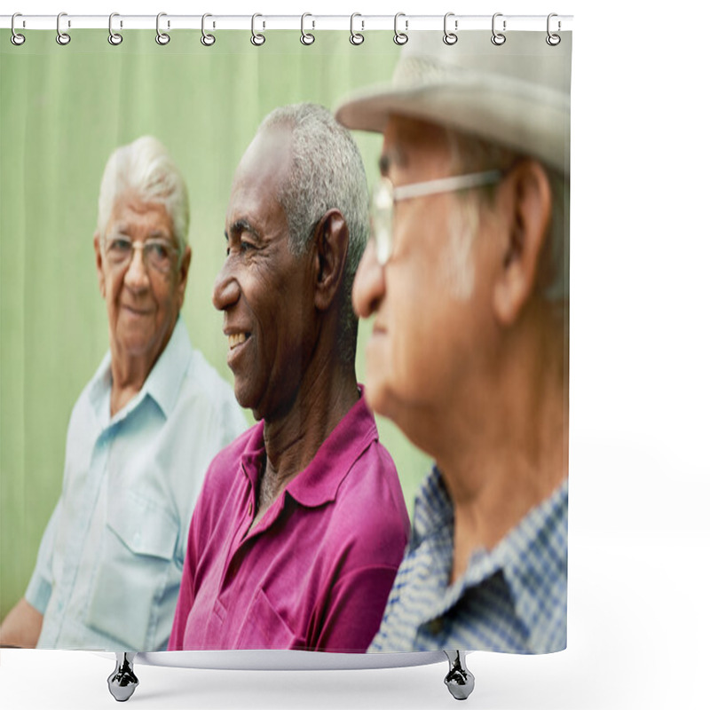 Personality  Group Of Old Black And Caucasian Men Talking In Park Shower Curtains