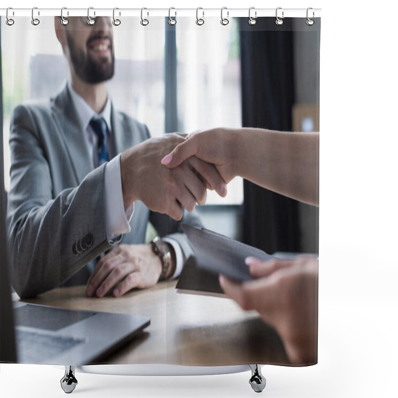 Personality  Cropped View Of Job Seeker Holding Resume And Shaking Hand Of Businessman In Office  Shower Curtains