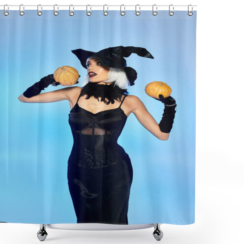 Personality  A Beautiful Young Witch Holds Pumpkins, Showcasing Creativity And Halloween Spirit. Shower Curtains