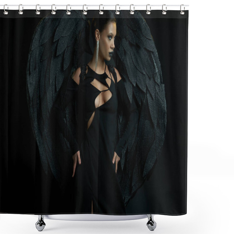 Personality  Woman In Dark Makeup And Fantasy Costume Of Demonic Winged Creature Looking Away On Black Shower Curtains