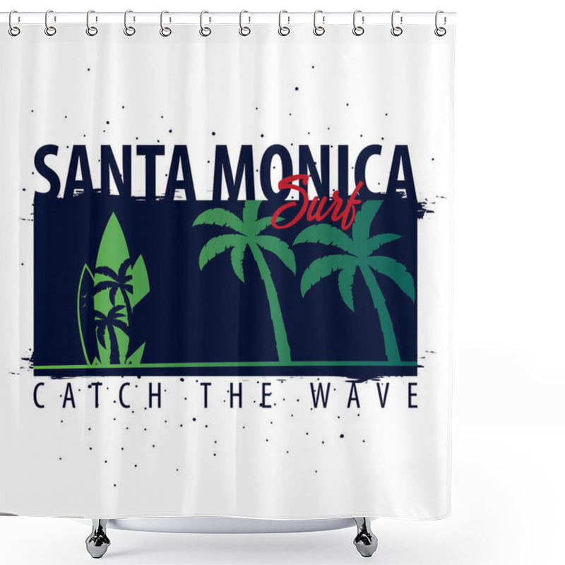 Personality  Santa Monica Surfing Graphic With Palms. T-shirt Design And Print. Shower Curtains