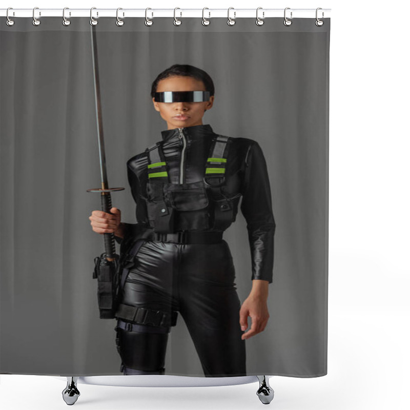 Personality  Attractive Futuristic African American Woman In Glasses With Sword Isolated On Grey Shower Curtains