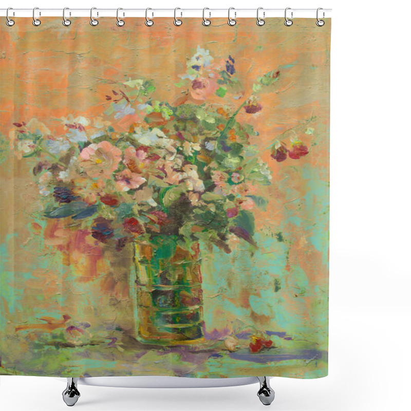 Personality  The Picturesque Still Life Made With Oil Paints Depicts A Glass Vase With A Beautiful Bouquet Of Wild Flowers.A Harmonious Combination Of Colors Conveys A Summer Mood. Shower Curtains