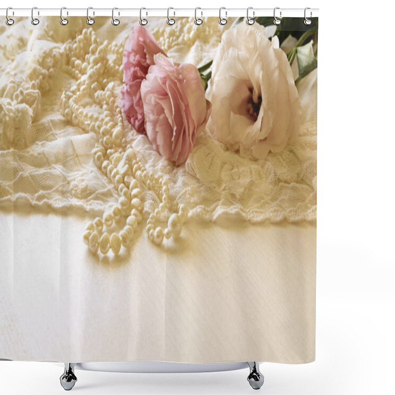 Personality  White Delicate Lace Fabric And White Flowers Shower Curtains