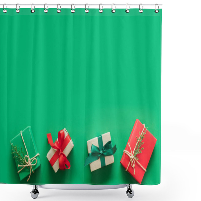 Personality  Christmas Background With Gift Present Over Green Background With Copy Space. Flatlay Topview Shower Curtains