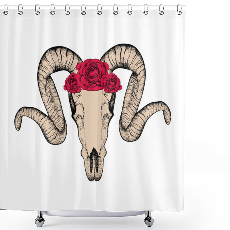 Personality  Hand Drawn  Goat Skull With Red Roses Doodle Vector Illustration Shower Curtains