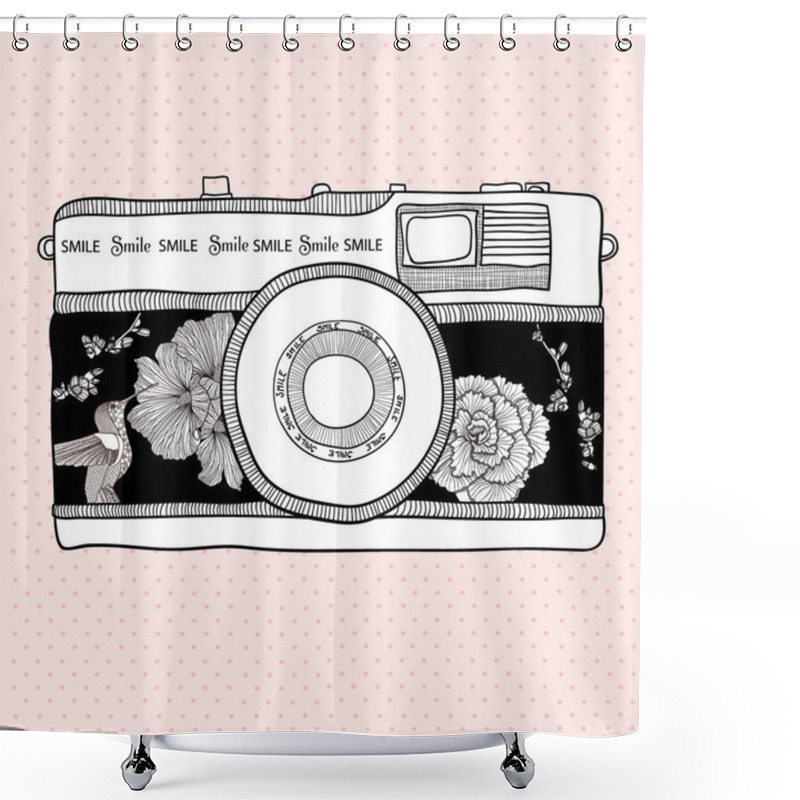 Personality  Background With Retro Camera. Vector Illustration. Photo Camera Shower Curtains