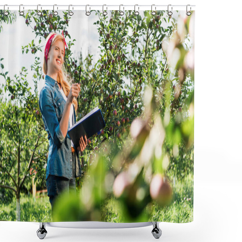 Personality  Attractive Farmer Checking Harvest In Apple Garden At Farm Shower Curtains