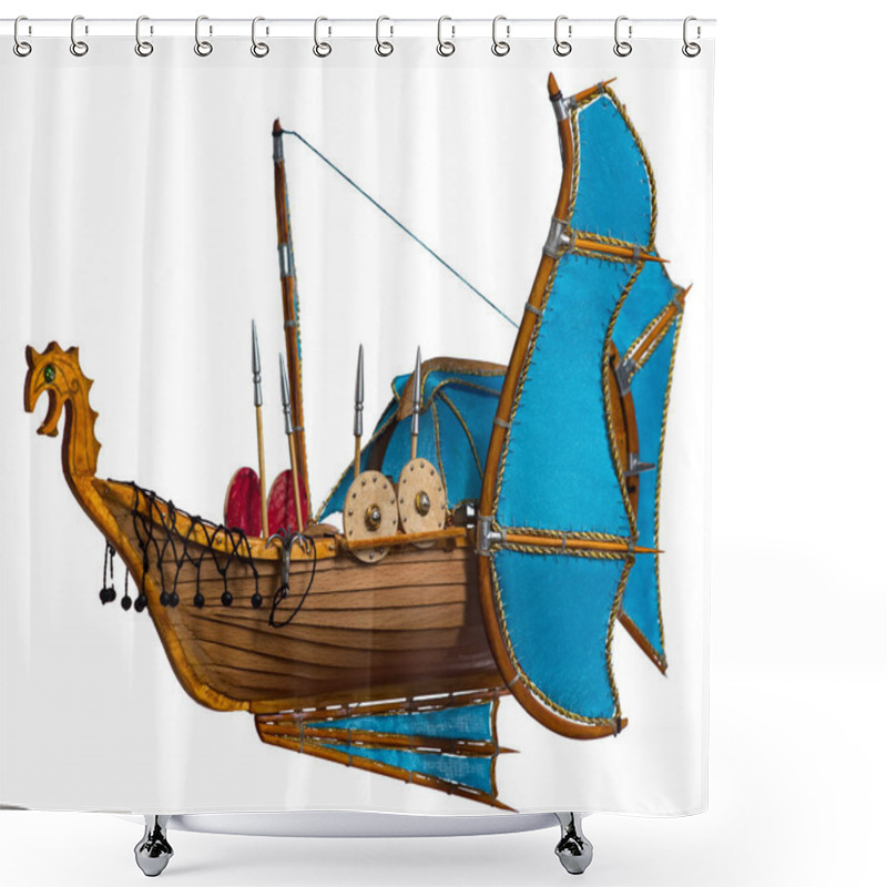 Personality  Flying Boat With Turquoise Sails On White Background Shower Curtains