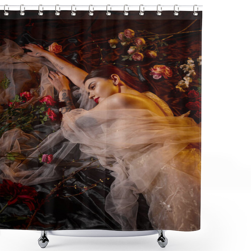 Personality  Charming Sensual Young Woman In Romantic Transparent Dress Lying Among Blooming Flowers, Top View Shower Curtains