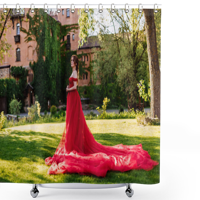 Personality  Redhead Woman In Red Dress Near The Castle Shower Curtains