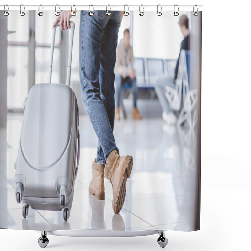 Personality  Low Section Young Young Traveler With Suitcase In Airport Terminal Shower Curtains