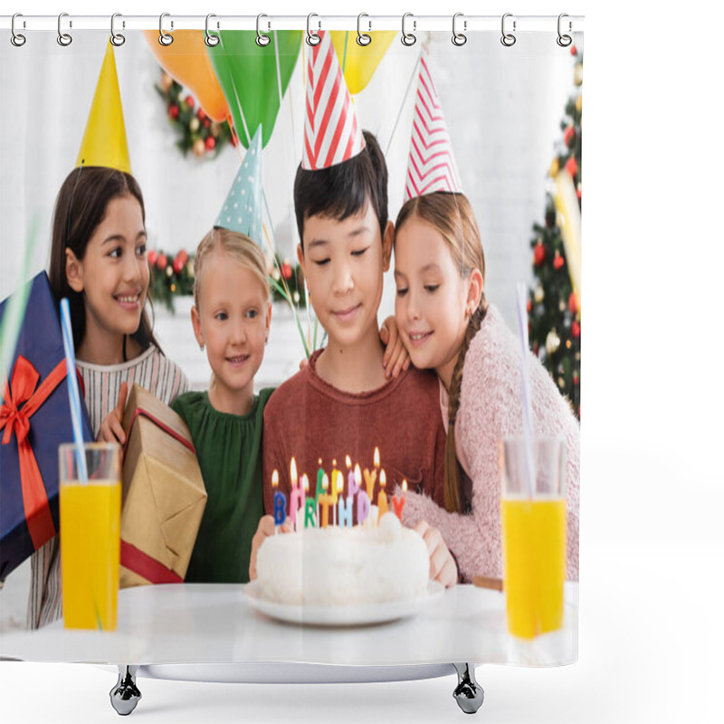 Personality  Multiethnic Kids In Party Caps Holding Presents Near Birthday Cake And Orange Juice At Home  Shower Curtains