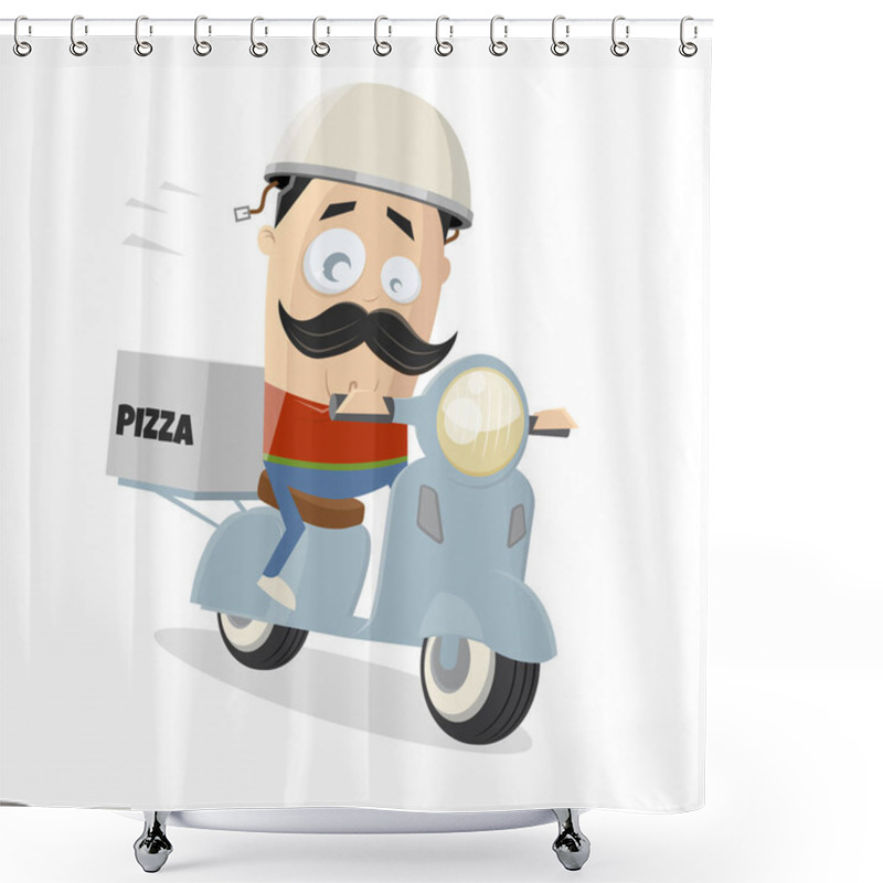 Personality  Cartoon Illustration Of A Pizza Delivery Guy With A Scooter Shower Curtains