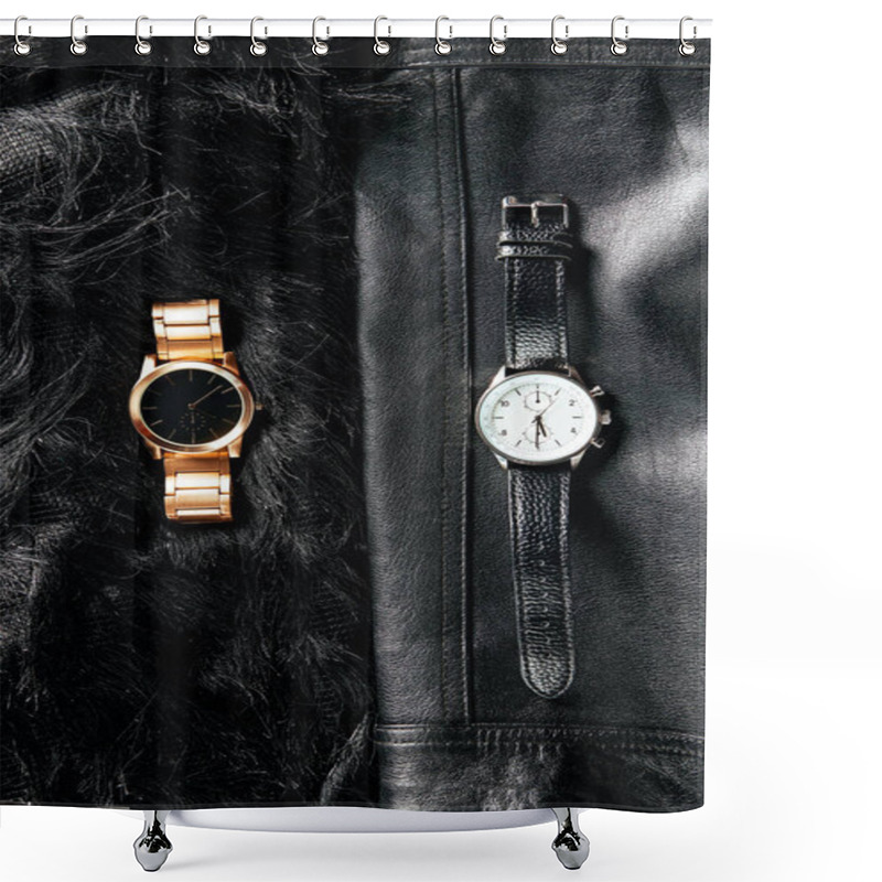 Personality  Top View Of Luxury Masculine And Feminine Wrist Watches On Black Leather And Woolen Background Shower Curtains