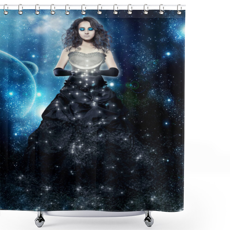 Personality  Woman Night. Magic Lady And Fairy Tale. Dreams And Sleeping. Female Star In The Hands Of The Moon On A Background Of The Galactic Sky. Magic. Shower Curtains