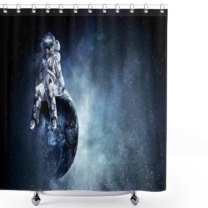 Personality  Astronaut In Spacesuit On Globe. Mixed Media Shower Curtains