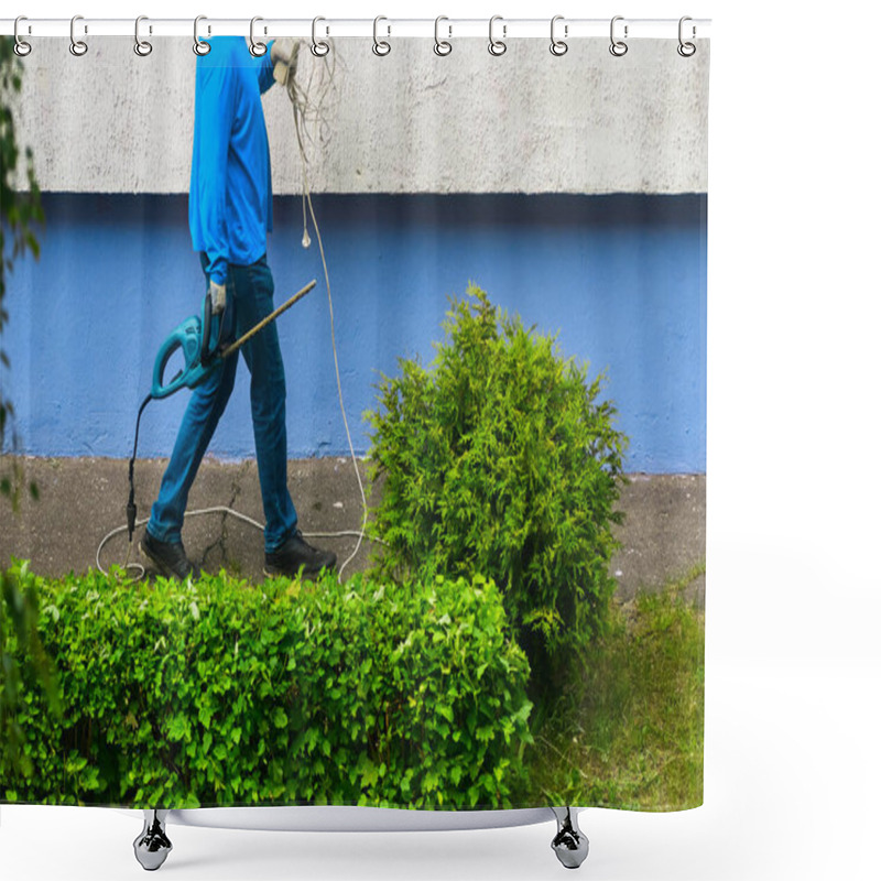 Personality  Worker Holds Bush Clipper And An Electric Wire Extension Cord Shower Curtains