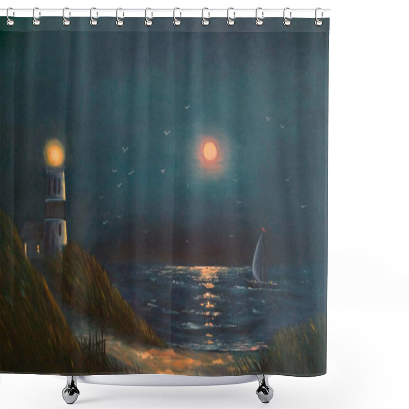 Personality  Original Oil Painting The Moon And The Lighthouse Shower Curtains