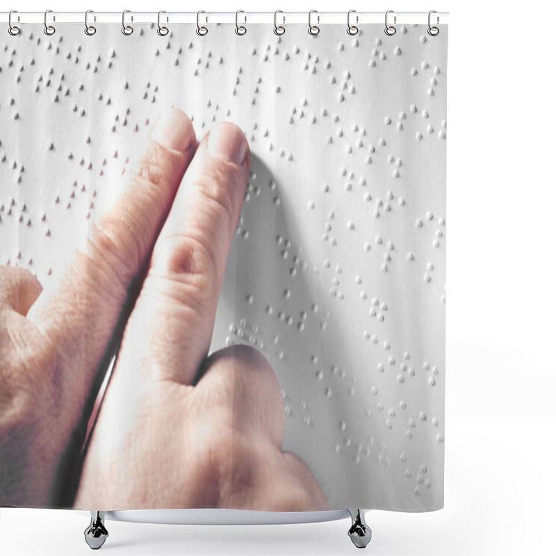 Personality  Hands Of A Blind Person Reading Some Braille Text Touching The Relief. Shower Curtains