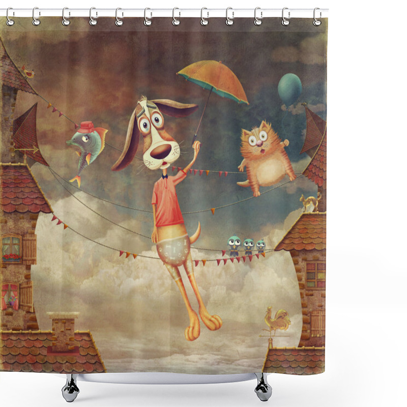 Personality  Fragment Of A City . Sweet Animals: Dog With  Umbrella, Fish And  Cat   In Sky Shower Curtains