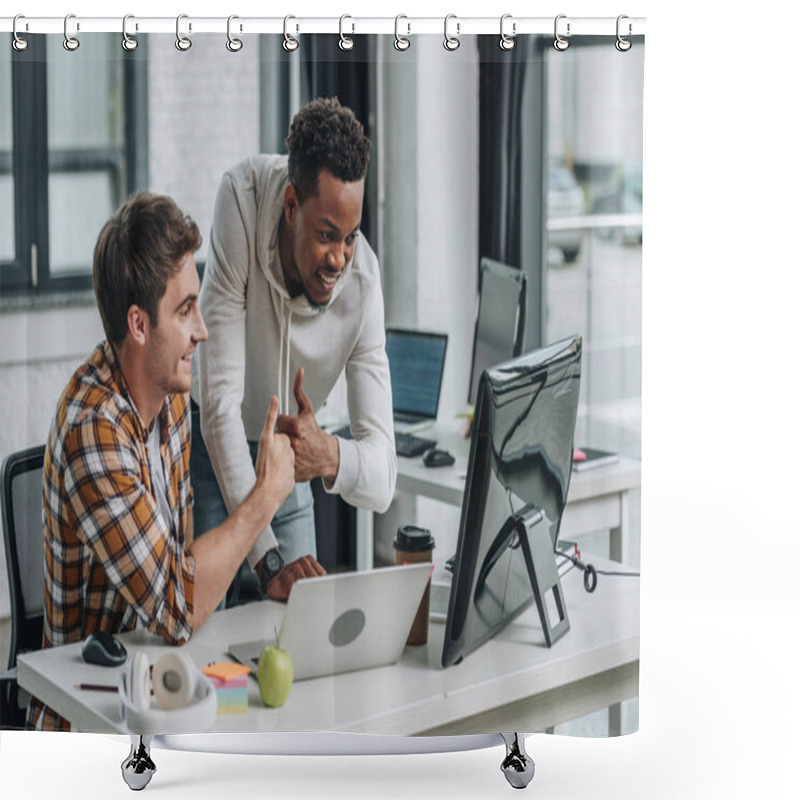 Personality  Two Cheerful Multicultural Programmers Showing Thumbs Up While Looking At Computer Monitor Shower Curtains