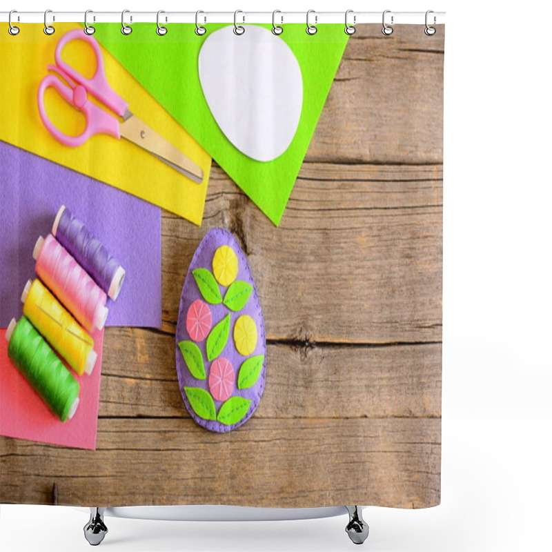 Personality  Felt Easter Egg Decor With Flowers And Leaves. Simple Easter Art Craft. Teaching Kids Sewing Skills. Scissors, Thread Group, Felt Sheets, Paper Template On Wooden Background With Copy Space. Top View Shower Curtains