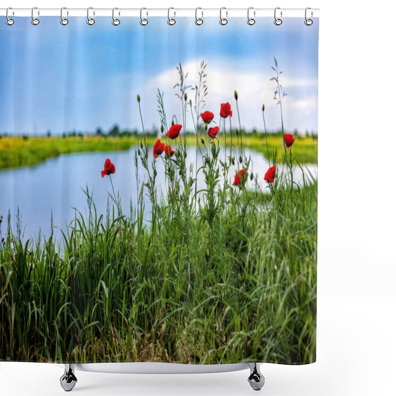 Personality  Wild Red Poppies In The Grass On The Riverbank. High Quality Photo Shower Curtains