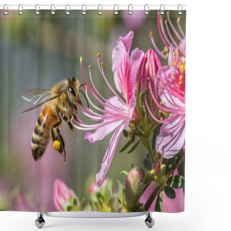 Personality  Honeybee Perched On A Vibrant Flower, Gathering Nectar. The Fine Details Of The Bees Wings And The Flowers Petals Create A Vivid Depiction Of The Essential Role Of Pollinators In Nature. Shower Curtains