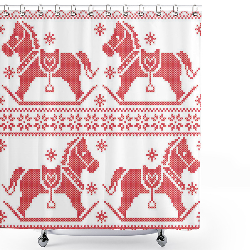 Personality  Scandinavian Seamless Nordic Christmas Pattern With Rocking Horses, Snowflakes,hearts,  Snow, Stars, Decorative Ornaments In Red Cross Stitch Shower Curtains