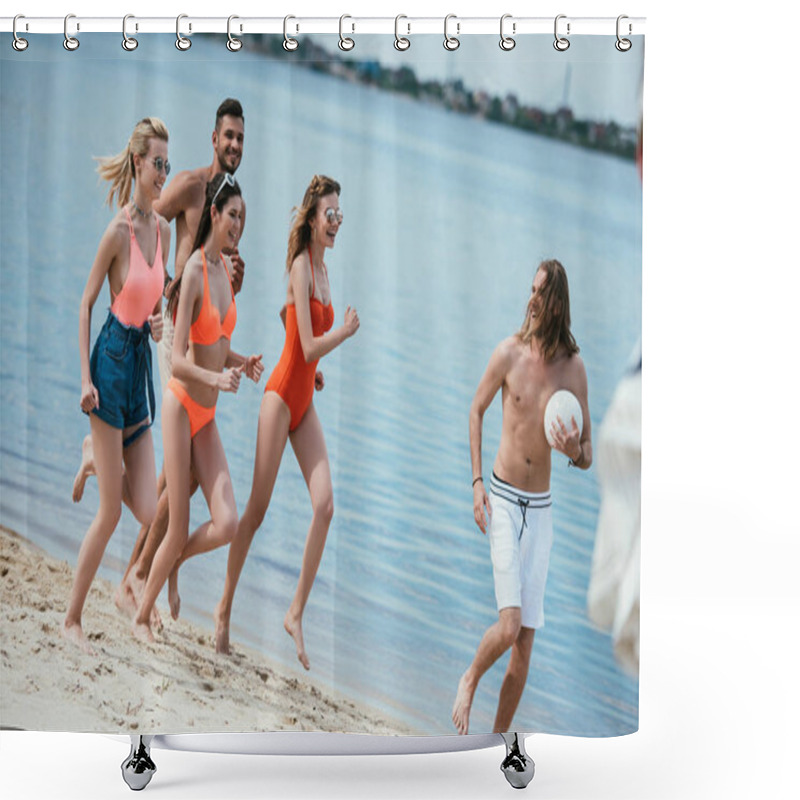 Personality  Happy Young Friends Having Fun And Running On Sandy Beach Shower Curtains