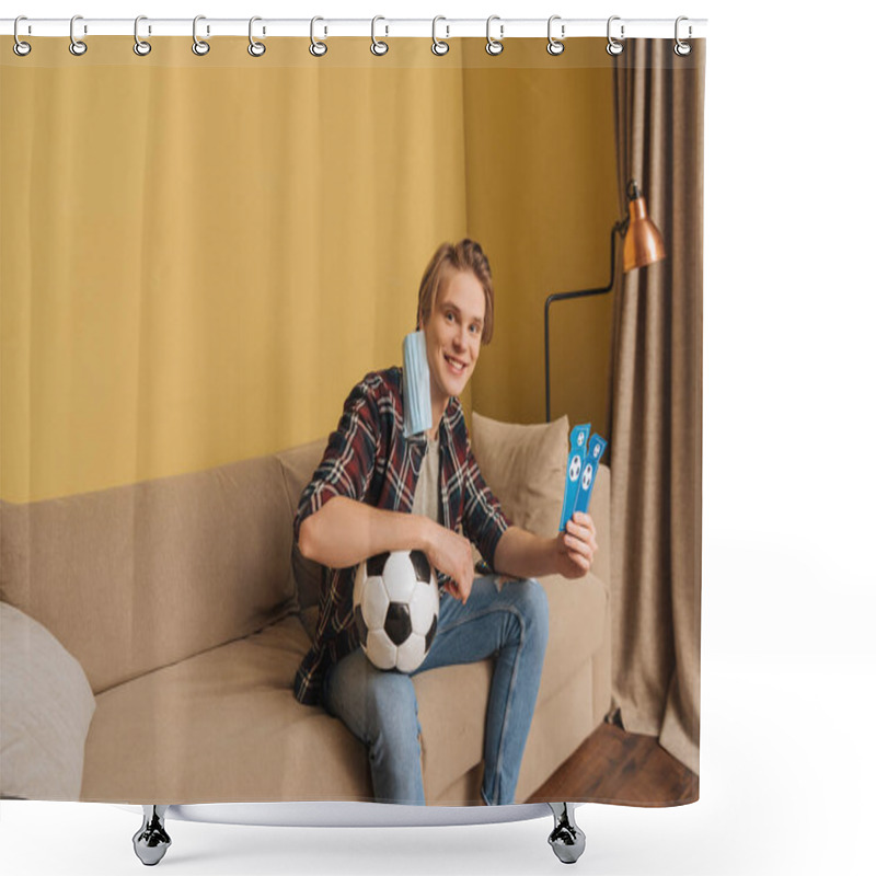 Personality  Happy Man In Medical Mask Holding Football And Sport Match Tickets, End Of Quarantine Concept Shower Curtains