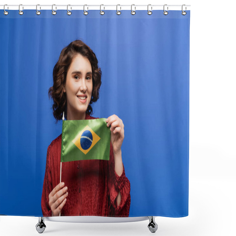 Personality  Happy Language Teacher Smiling While Holding Flag Of Brazil Isolated On Blue  Shower Curtains