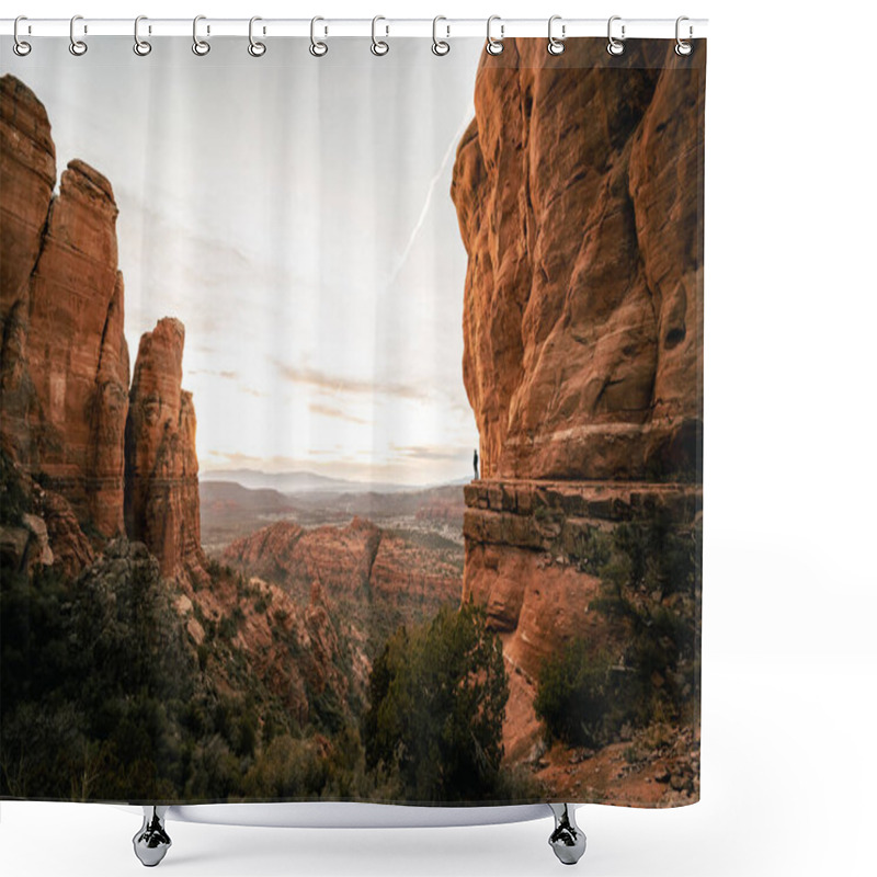 Personality  Wide Angle View Of Man Watching Sunset In Sedona Arizona From Cathedral Rock Viewpoint. Shower Curtains