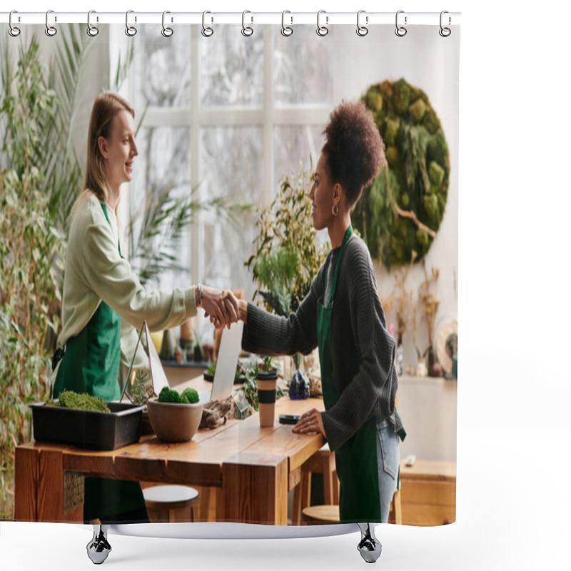 Personality  Two Participants Shake Hands, Surrounded By Lush Plants And Joyful Camaraderie At A Workshop. Shower Curtains