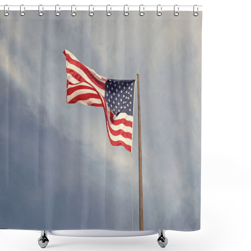 Personality  Patriotic Symbol. American Flag For Memorial Day Or 4th Of July. American Flag Waving In The Wind. Flag Of The USA. National Waving Flag Of United States On Blue Sky. Independence Day. Independency. Shower Curtains