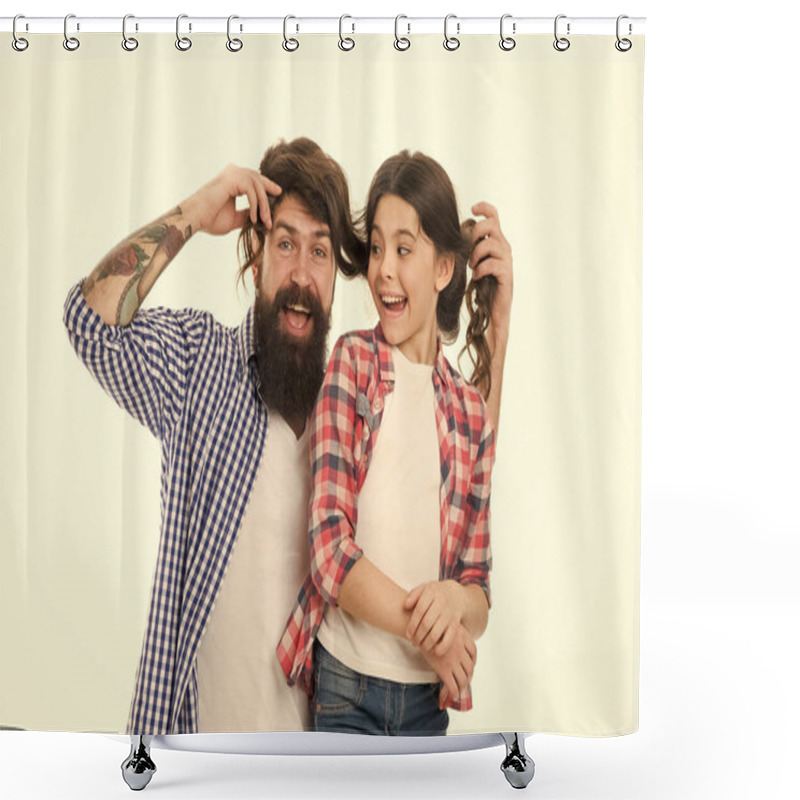 Personality  Spending Nice Time At Home. Going Crazy Together. Happy Little Girl With Father. Little Child Love Her Dad. Fathers Day. Childrens Day. Family Bond. Having Fun Together. Father And Daughter. Haircare Shower Curtains