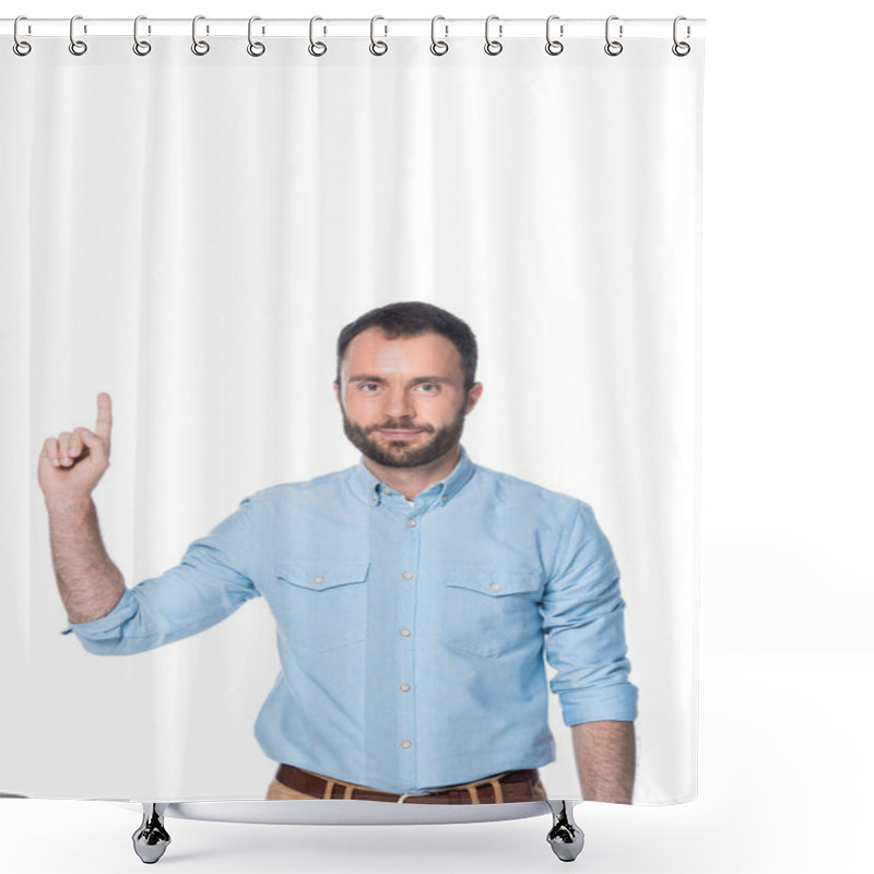 Personality  Man In Blue Shirt Pointing Up Isolated On White  Shower Curtains